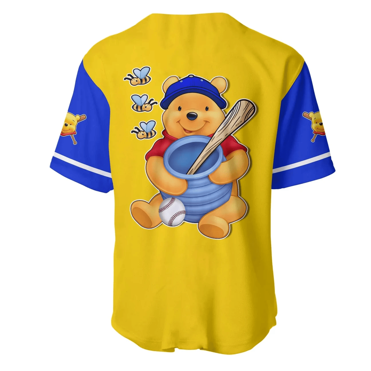 Winnie the Pooh Baseball Jersey Holding Honey Jar Winnie the Pooh Jersey Shirt Blue Yellow Unisex Adult