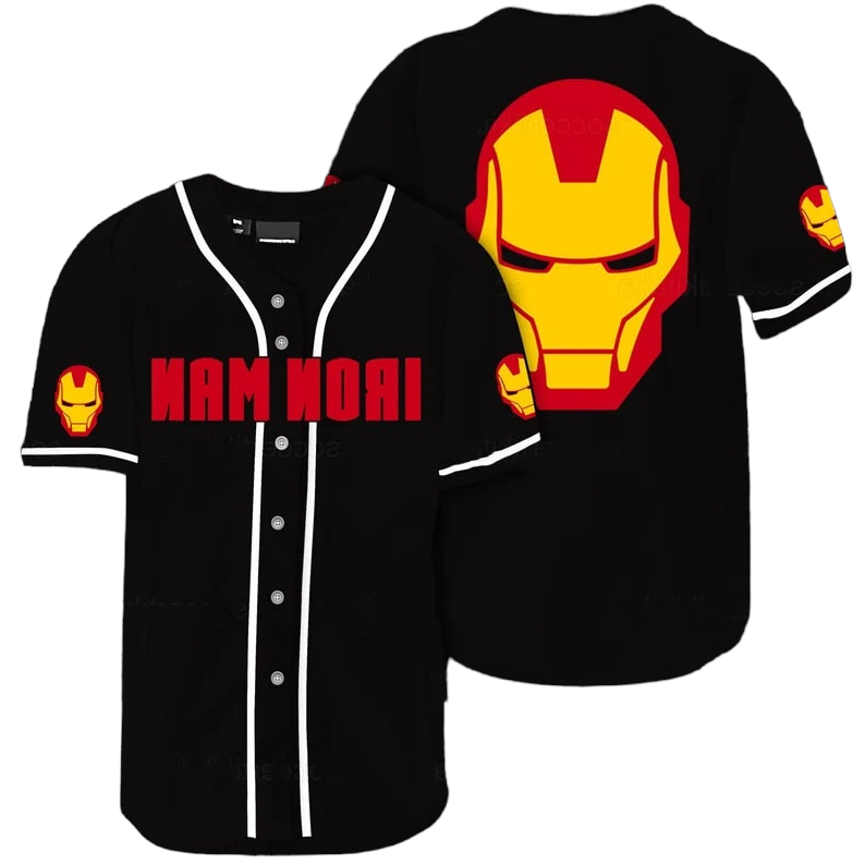 Marvel Jersey Marvel Hero Iron Man Head Helmet Graphic Black Red Jersey Shirt Baseball Iron Man Baseball