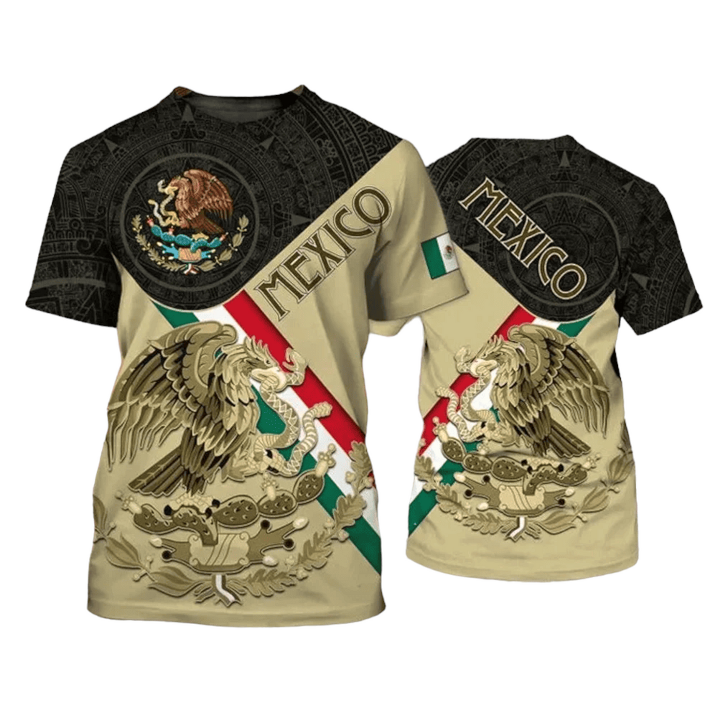 Mexico T-Shirt Coat Of Arms Of Mexico National Flag T-Shirt Black Beige Unisex - Trendy Gift For Men & Women