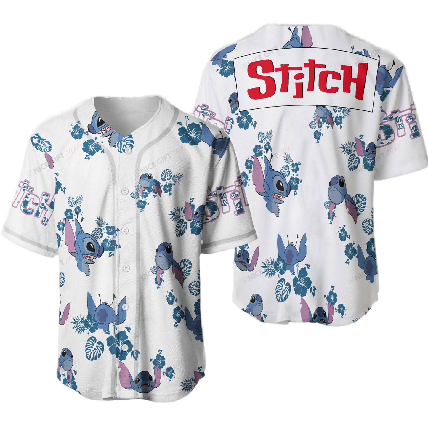 Stitch Jersey Disney Stitch Graphic Tropical Flowers Pattern Blue White Jersey Shirt Baseball Disney Baseball