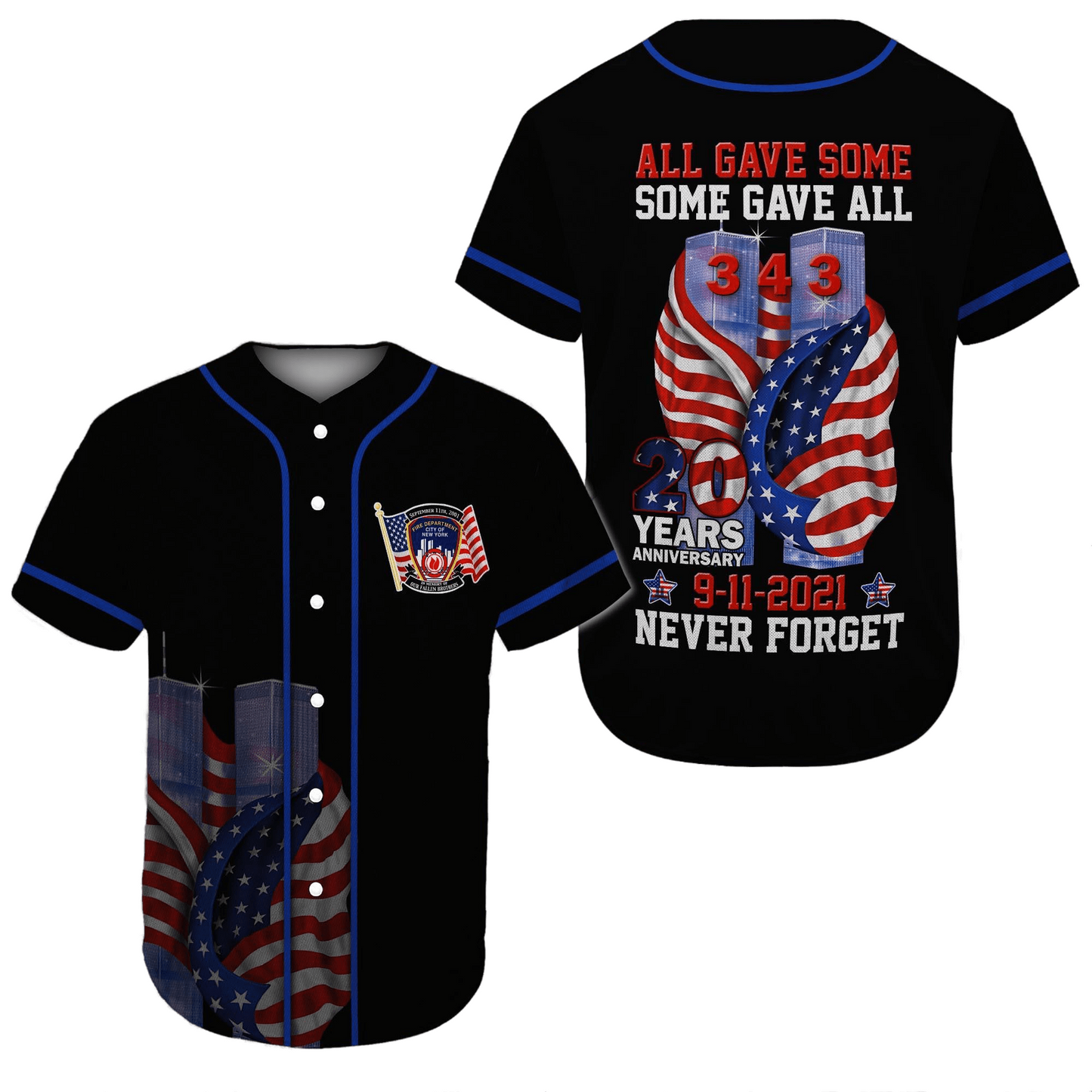 Patriot Day Jersey All Gave Some Some Gave All 343 Never Forget Black Jersey Shirt September 11th Baseball for Men Women