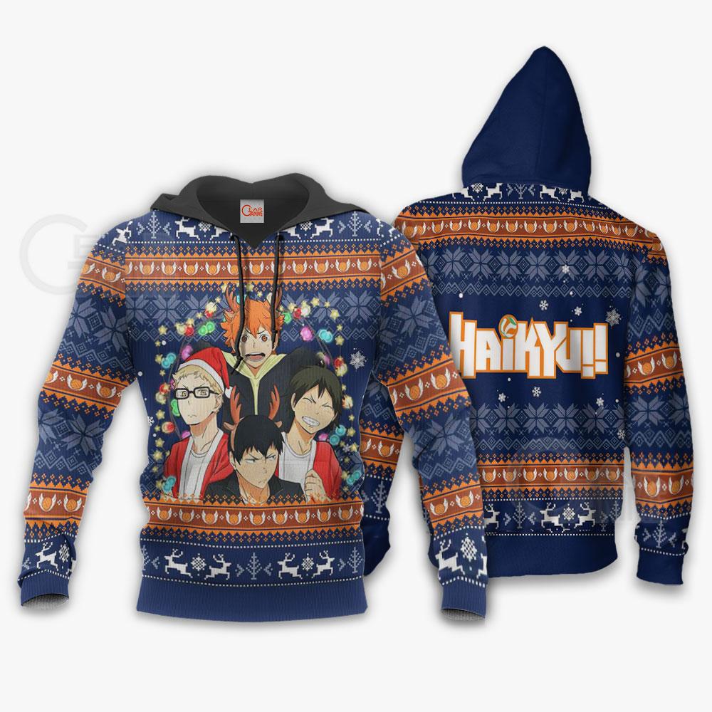 Haikyuu Hoodie Kageyama Hinata Kei Tadashi Christmas Pattern Blue Hoodie Anime Hoodie For Fan Fill Print