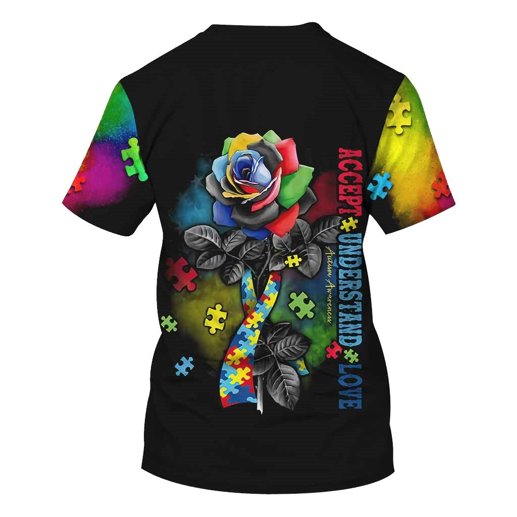 Autism Hoodie Accept Understand Love Rose Graphic T-Shirt Black Unisex - Trendy Gift For Men & Women