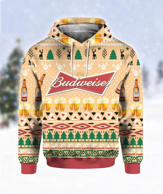 Beer Hoodie Budweiser Beer Bottle Christmas Pattern Muticolor Hoodie Apparel For Beer Lover  Colorful