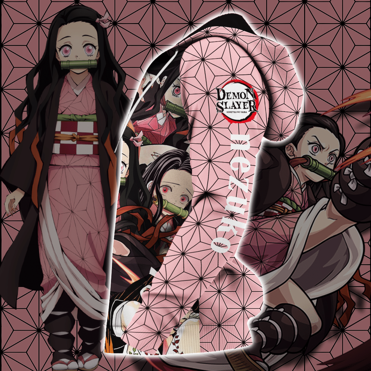 Demon Slayer Hoodie Nezuko Kamado Pink Pattern Kimetsu No Yaiba Logo Zip Hoodie Demon Slayer Apparel