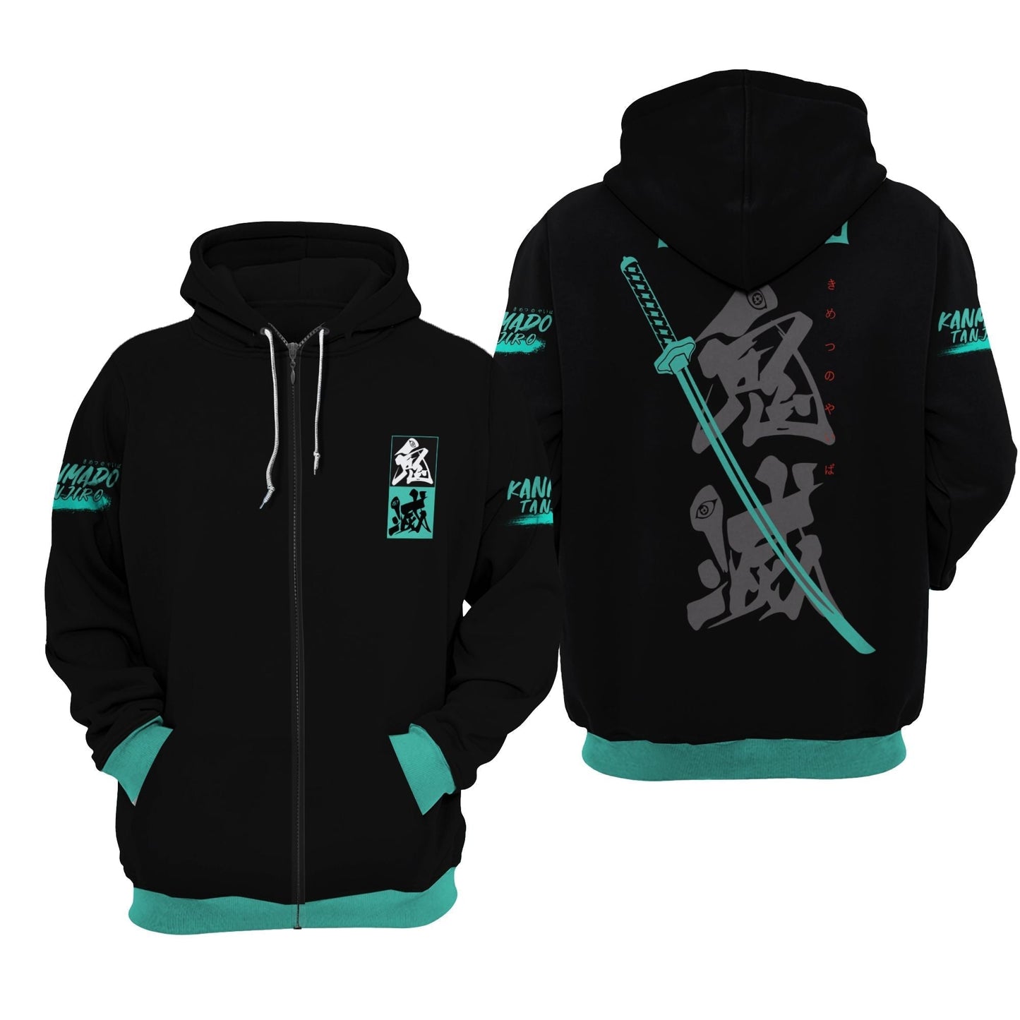 Demon Slayer Hoodie Tanjiro Kamado Sword Green Black Zip Hoodie Demon Slayer Apparel