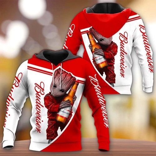 Beer Hoodie Groot Baby Hugging Budweiser Beer Bottle Red White Hoodie