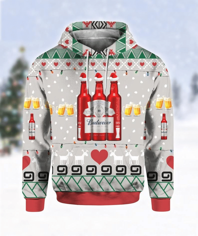 Beer Hoodie Christmas Budweiser Red Beer Bottle Grey Hoodie Beer Lover Apparel Men Women