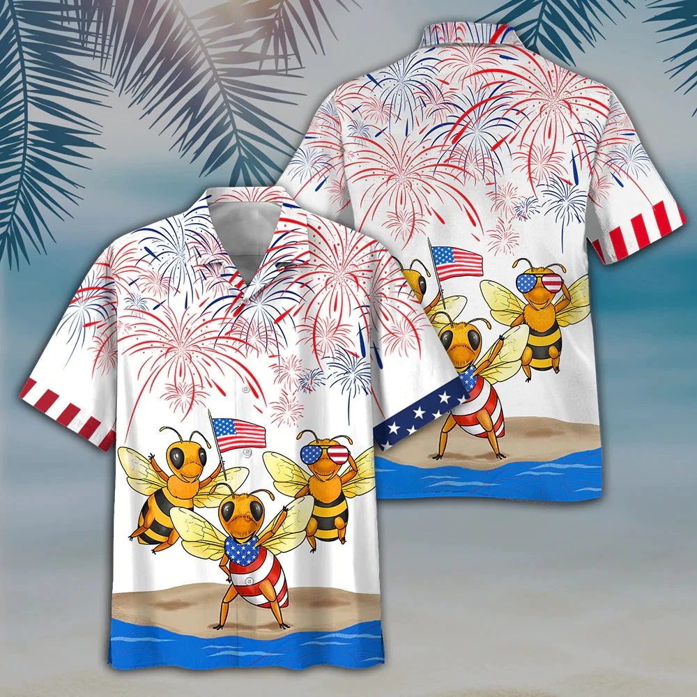 Bee Hawaiian Full Print Shirt, Bee's Hawaiian Shirt Independence Day, Funny 4Th Of July Gifts