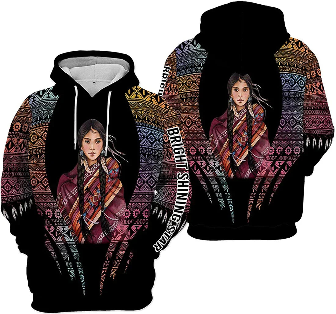 Native American Hoodie Bright Shining Star Girl Indian Hoodie Black Brown Unisex - Cozy Hoodie For Cold Weather