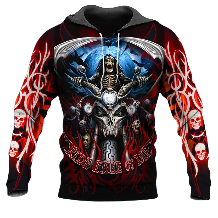 Motorcycle Hoodie Ride Free Biker Skeleton Graphic Hoodie Red Black Unisex - Cozy Hoodie For Cold Weather