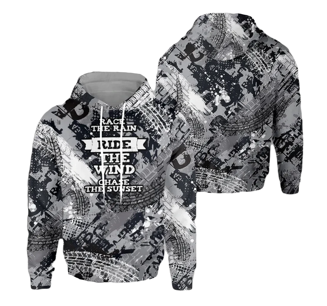Motorcycle Hoodie Race The Rain Chase The Sunset Hoodie Gray Unisex - Cozy Hoodie For Cold Weather