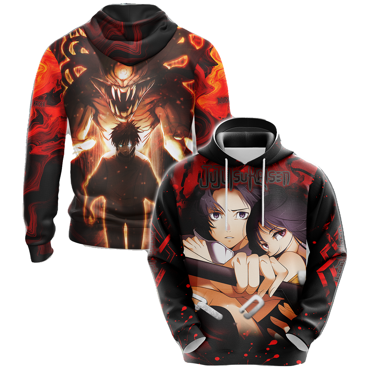 Jujutsu Kaisen Hoodie Yuta And Cursed Rika Fighting Together Hoodie Red Black Unisex - Cozy Hoodie For Cold Weather