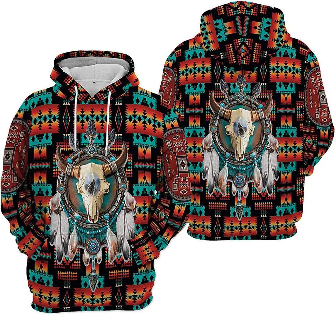 Native American Hoodie Native American Bison Skull Dreamcatcher Aztec Hoodie Brown Unisex - Cozy Hoodie For Cold Weather