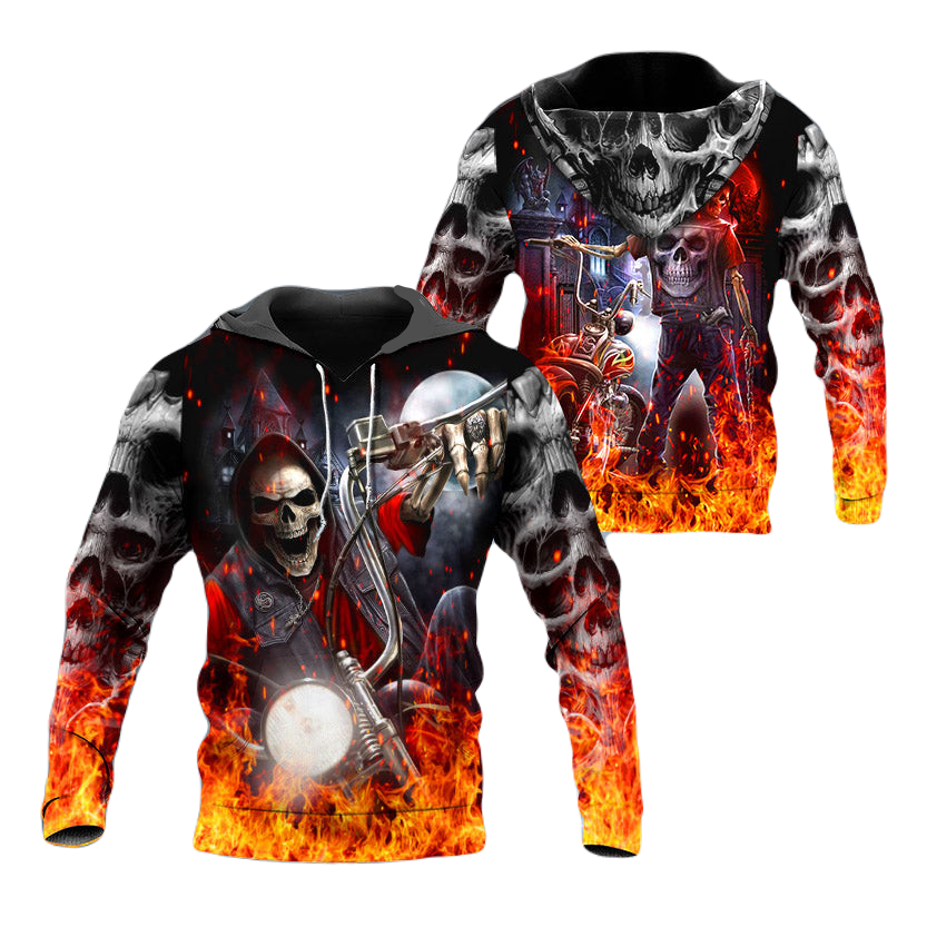 Motorcycle Hoodie Fire Biker Skull Under Moonlight T-Shirt Black Orange Unisex - Trendy Gift For Men & Women
