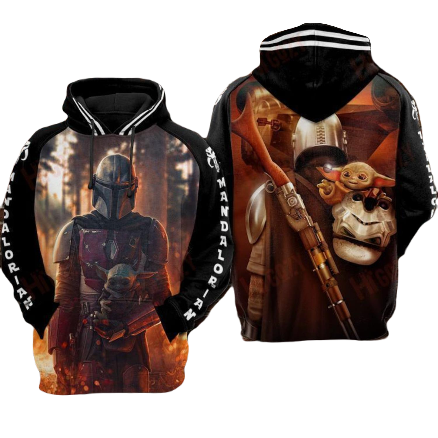 Starwars Hoodie Mandalorian And Yoda Graphic Hoodie Black Brown Unisex