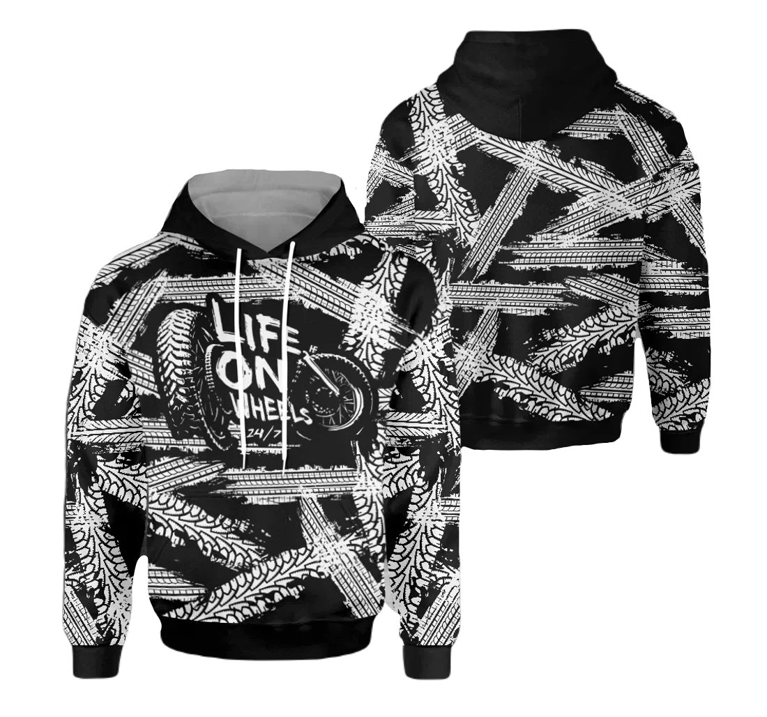 Motorcycle Hoodie Life On Wheels 247 Hoodie Black White Unisex - Cozy Hoodie For Cold Weather