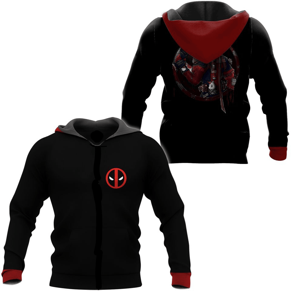 Deadpool Hoodie Marvel Deadpool With Hello Kitty And Unicorn Hoodie Black Unisex - Cozy Hoodie For Cold Weather