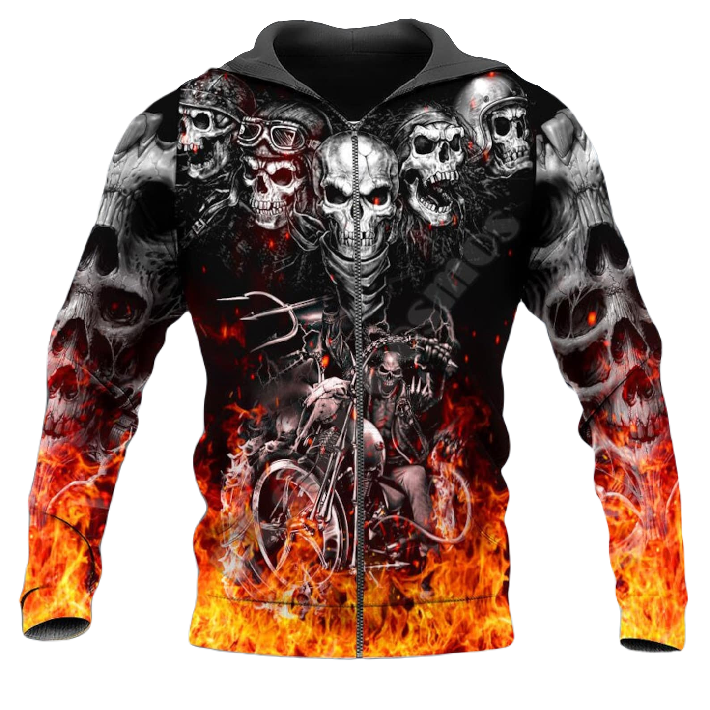 Motorcycle Zip Hoodie Fire Skeleton Rides Motorbike Zip Hoodie Black Orange Unisex - Cozy Hoodie For Cold Weather