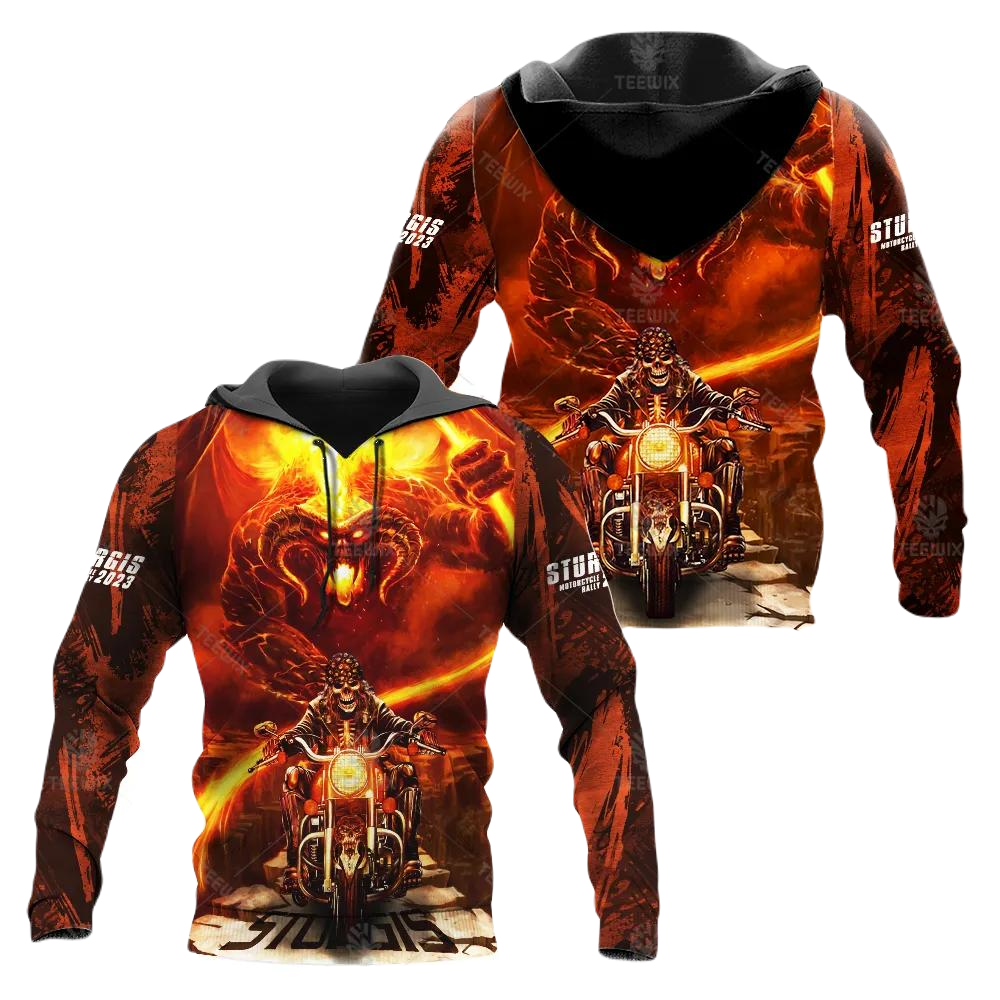 Motorcycle Hoodie Rally Evil Fire Biker Sturgis Hoodie Orange Unisex - Cozy Hoodie For Cold Weather