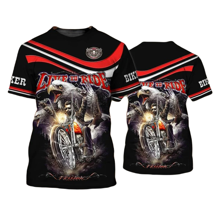 Motorcycle T-Shirt Biker Live To Ride Eagle Black All Over Printed 3D Graphic Tee