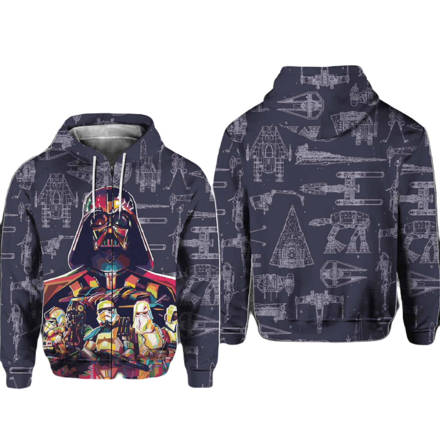 Starwars Zip Hoodie Darth Vader Stormtrooper Spaceship Sketch Zip Hoodie Gray Unisex
