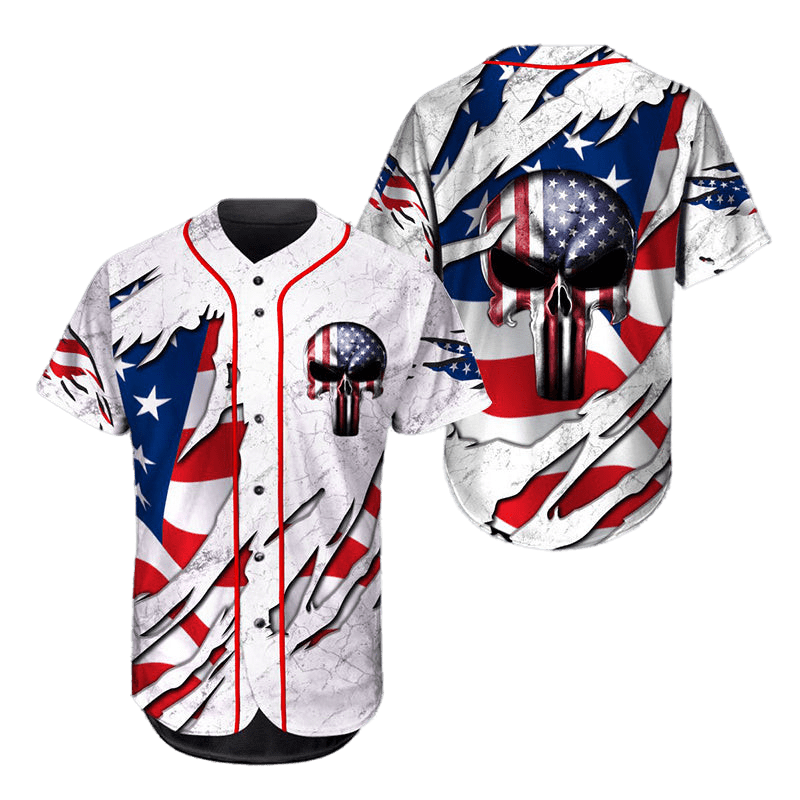 Independence Day Jersey Torn Ghost Head Skull American Flag Independence Day White Jersey Shirt 04th of July...