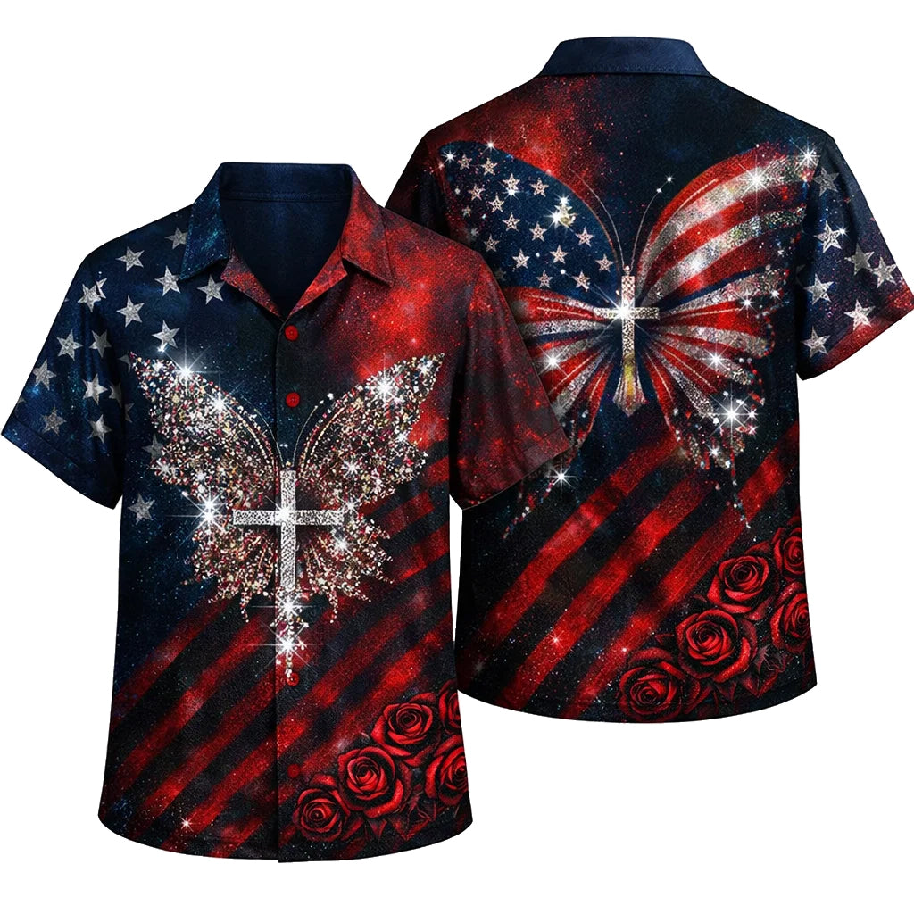 Christian Butterfly Cross American Flag Hawaiian Shirt Patriotic Jesus Gift