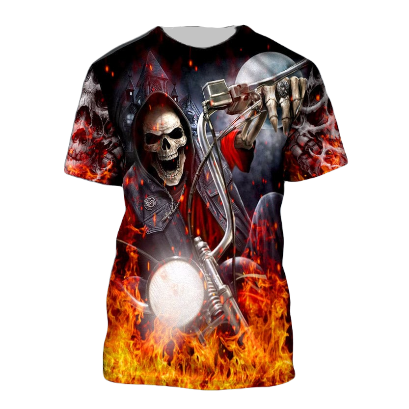 Motorcycle Hoodie Fire Biker Skull Under Moonlight T-Shirt Black Orange Unisex - Trendy Gift For Men & Women