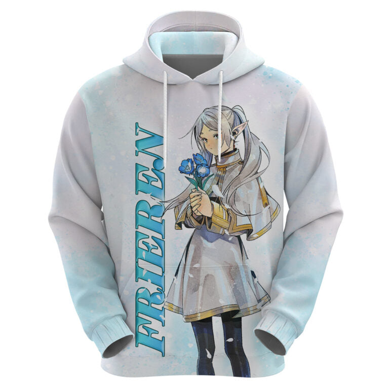 Frieren Beyond Journey’S End Hoodie Frieren And Himmerl On Flower Field Hoodie White Blue Unisex - Cozy Hoodie For Cold Weather