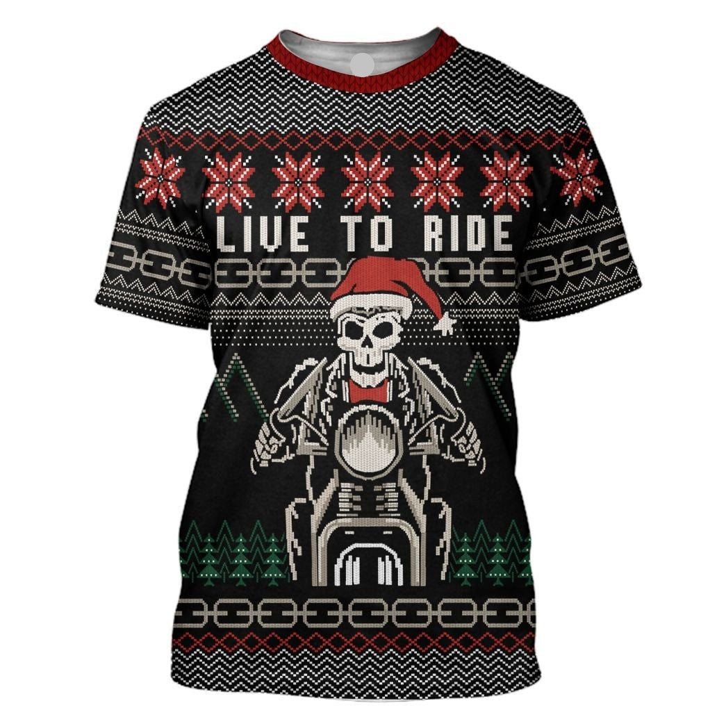 Motorcycle Hoodie Live To Ride Christmas Pattern T-Shirt Black Unisex - Trendy Gift For Men & Women