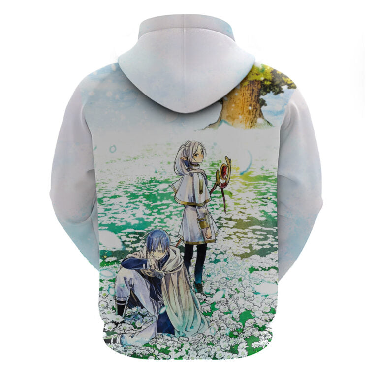 Frieren Beyond Journey’S End Hoodie Frieren And Himmerl On Flower Field Hoodie White Blue Unisex - Cozy Hoodie For Cold Weather