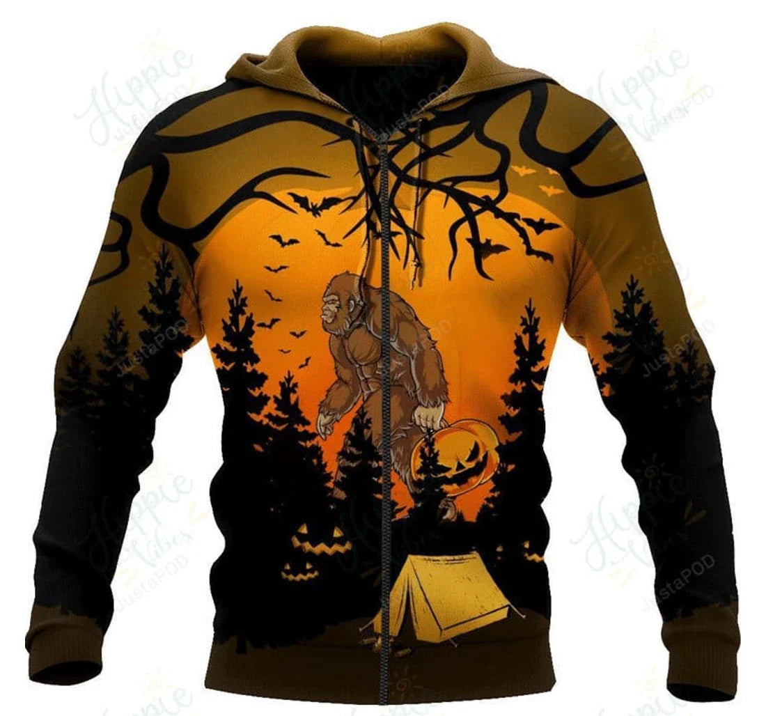 Bigfoot Zip Hoodie Halloween Camping Bigfoot Up Zip Hoodie Orange Unisex - Cozy Hoodie For Cold Weather