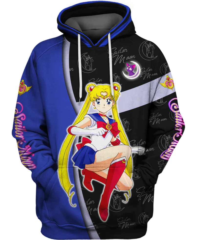 Sailor Moon Hoodie Sailor Moon Signature Pattern Hoodie Black Blue Unisex - Cozy Hoodie For Cold Weather