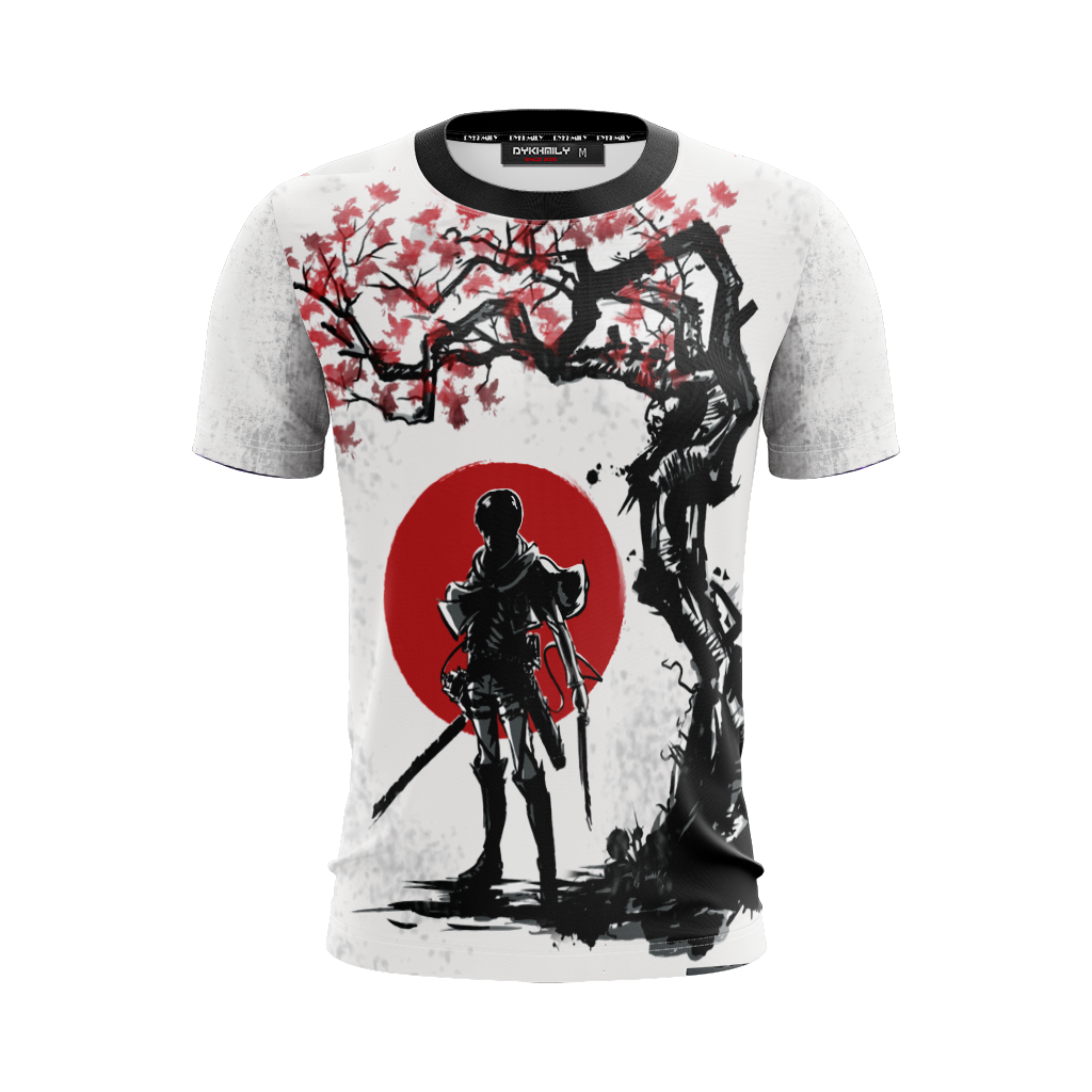 Attack On Titan T-Shirt Levi Ackerman Silhouette Cherry Blossom T-Shirt White Black Unisex - Trendy Gift For Men & Women