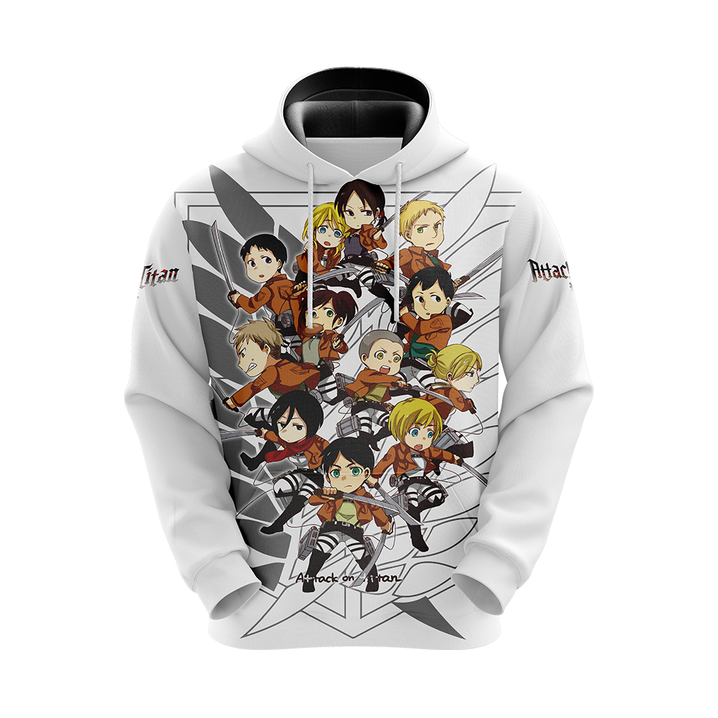 Attack On Titan Hoodie Attack On Titan Chibi Characters Pattern Hoodie White Unisex - Cozy Hoodie For Cold Weather