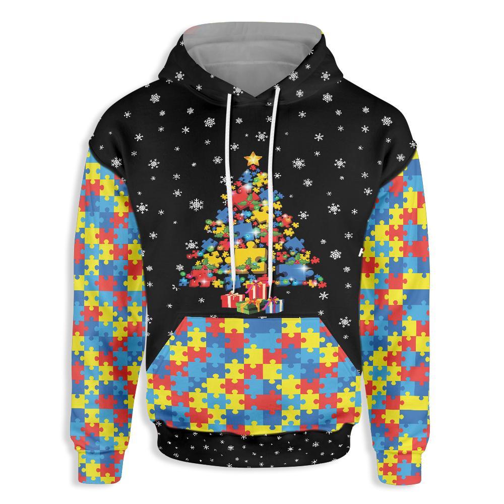 Autism Hoodie Autism Puzzle Pieces Christmas Tree Hoodie Colorful Unisex - Cozy Hoodie For Cold Weather