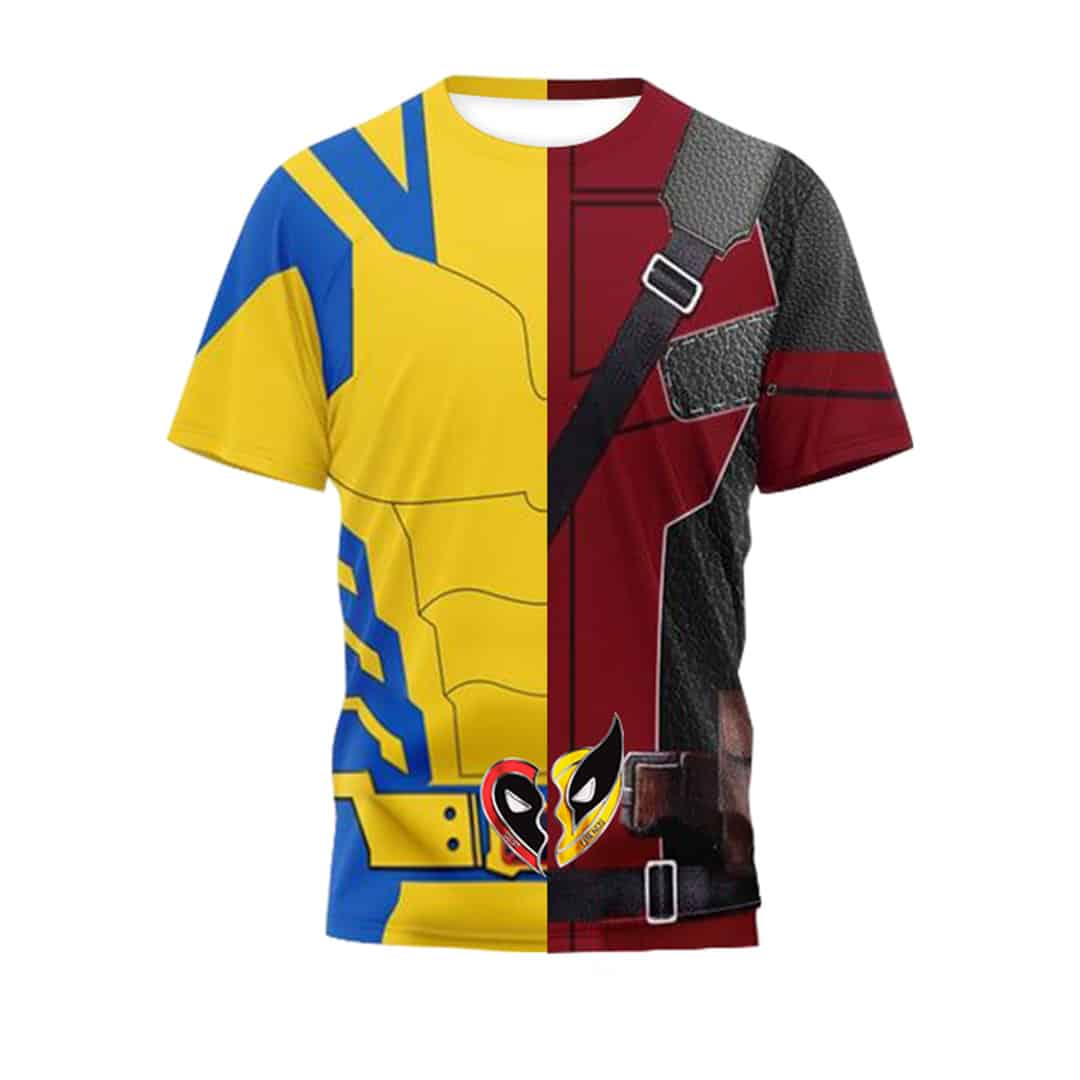 Deadpool T-Shirt Marvel Deadpool And Wolverine Suit Half Side T-Shirt Red Yellow Unisex - Trendy Gift For Men & Women