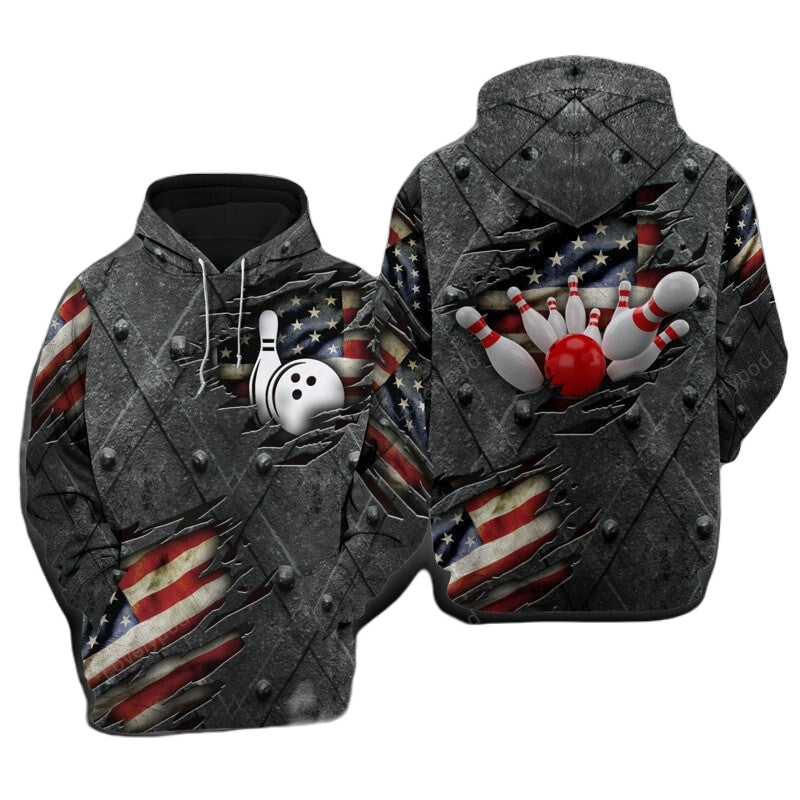 Bowling Hoodie Bowling Metal Panel American Flag Hoodie Black Unisex