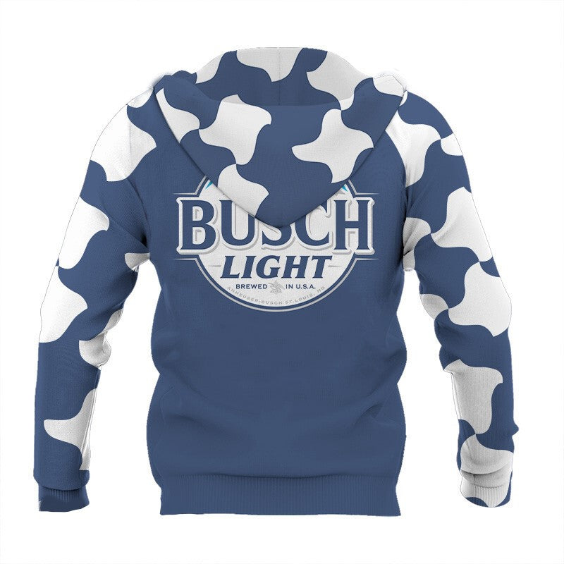 Busch Light Hoodie Busch Light Cow Pattern Hoodie White Blue Unisex - Cozy Hoodie For Cold Weather