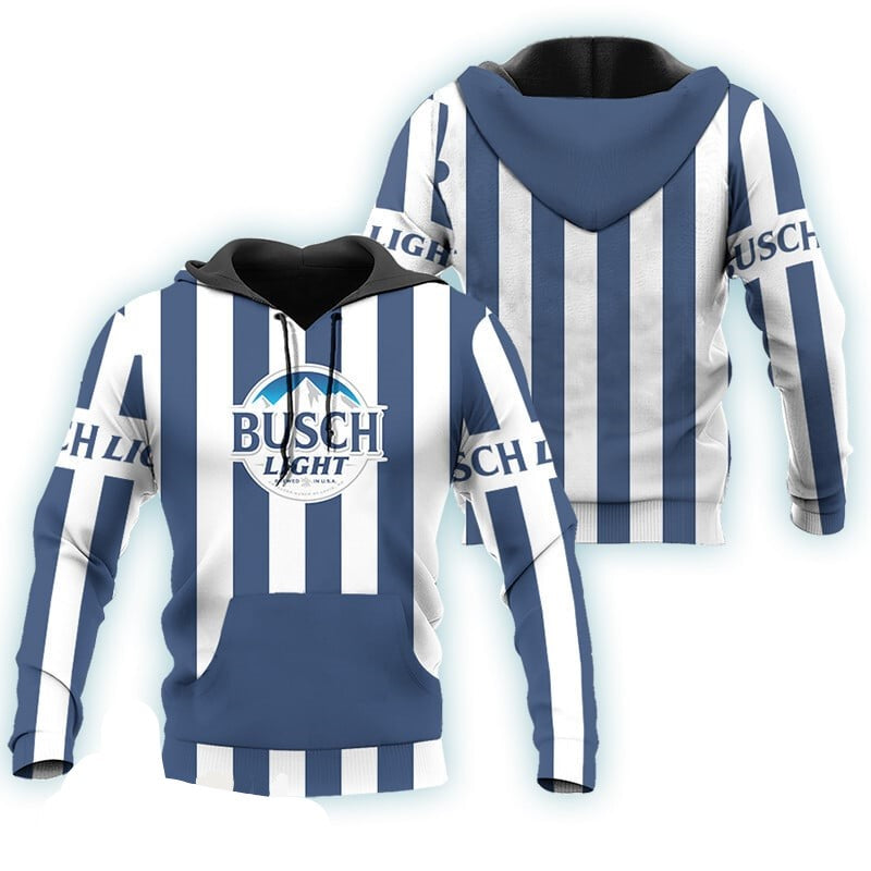 Busch Light Hoodie Busch Light Vintage Striped Hoodie White Blue Unisex - Cozy Hoodie For Cold Weather