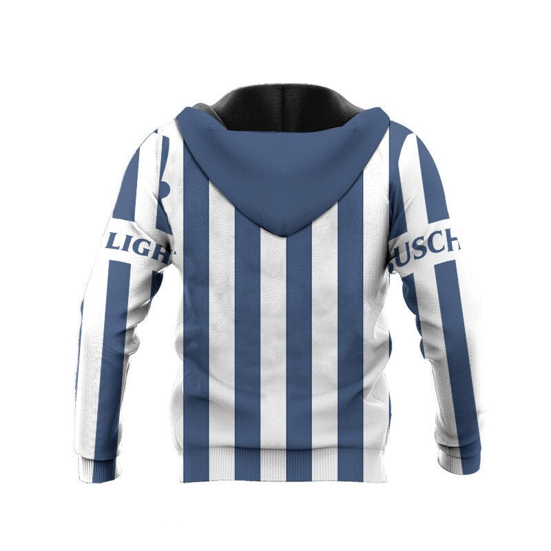 Busch Light Hoodie Busch Light Vintage Striped Hoodie White Blue Unisex - Cozy Hoodie For Cold Weather