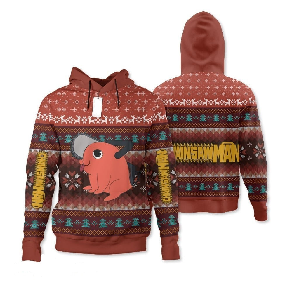 Chainsaw Man Hoodie Pochinta Christmas Pattern Hoodie Red Unisex - Cozy Hoodie For Cold Weather