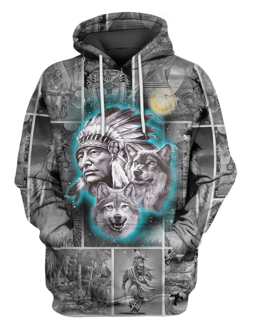 Native American Hoodie Chief And Wolf Native American Hoodie Gray Unisex - Cozy Hoodie For Cold Weather