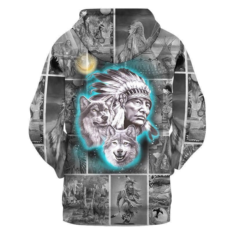 Native American Hoodie Chief And Wolf Native American Hoodie Gray Unisex - Cozy Hoodie For Cold Weather