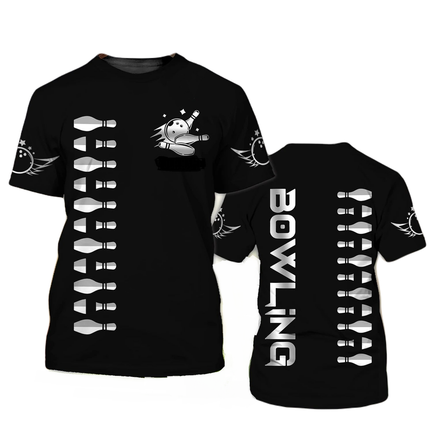 Bowling T-shirt Bowling Pins Balls With Wings T-shirt Black Unisex