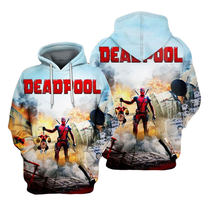 Deadpool Hoodie Marvel Deadpool Hold Mickey Mouse In Ruin Hoodie Colorful Unisex - Cozy Hoodie For Cold Weather