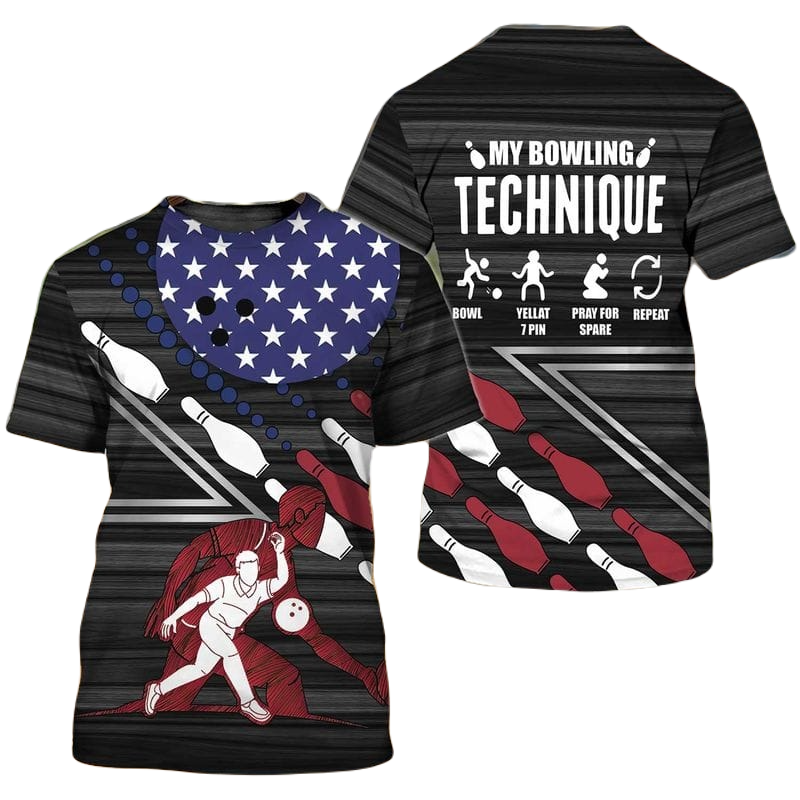 Bowling T-shirt My Bowling Technique Player Pattern T-shirt Black White Unisex