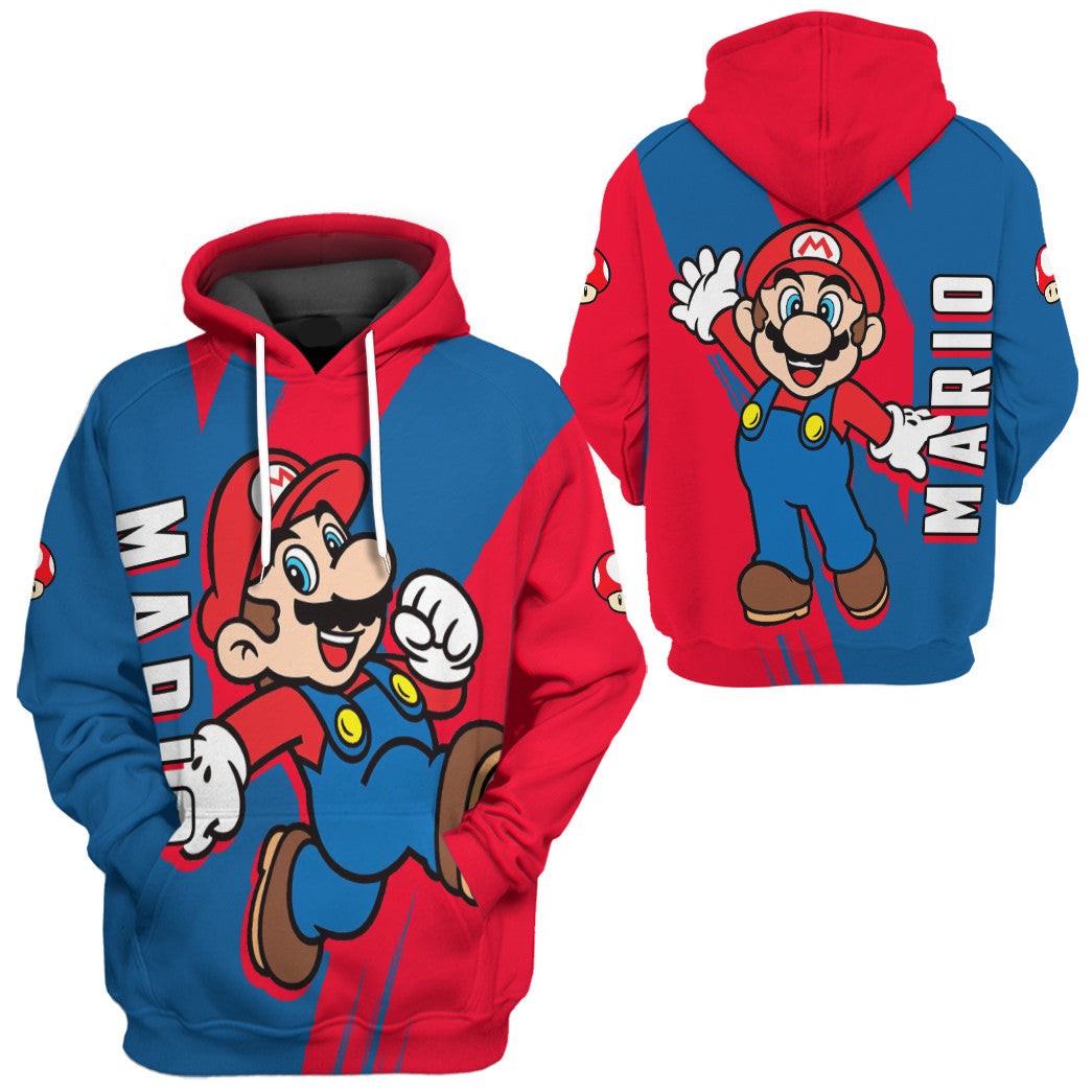 Mario Hoodie Happy Mario Character T-Shirt Red Blue Unisex - Trendy Gift For Men & Women