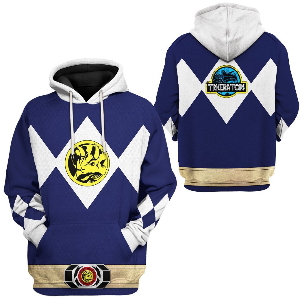 Power Ranger Hoodie Blue Mighty Morphin Power Ranger Triceratops Hoodie Blue White Unisex - Cozy Hoodie For Cold Weather
